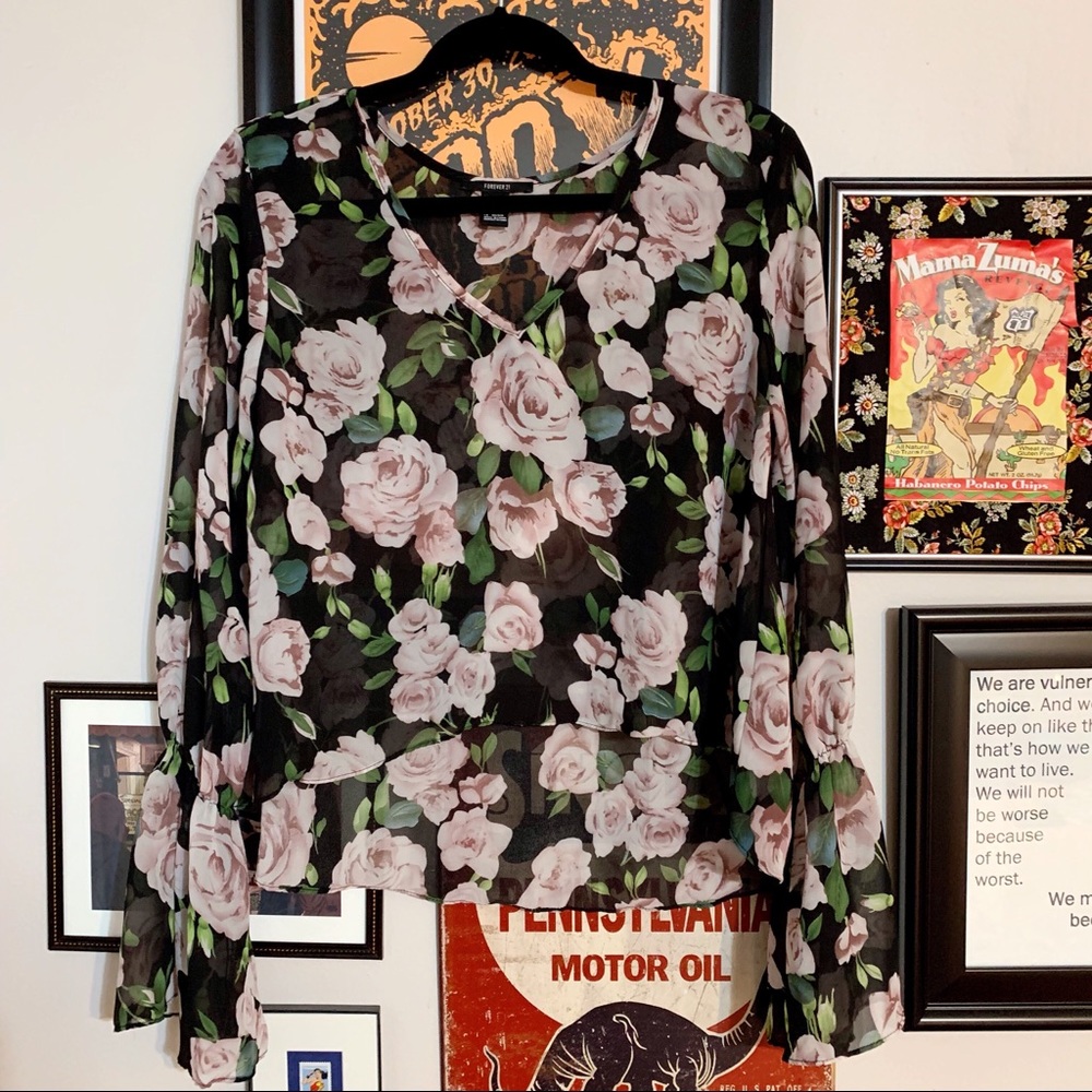 Sheer Pink Rose Floral Cropped Top F21